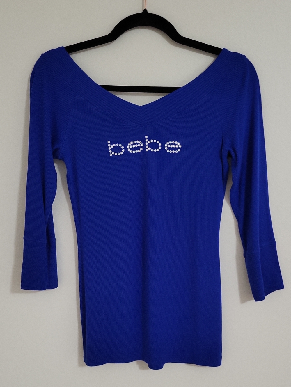 Vintage bebe Blue Rhinestone Logo Off The Shoulder Top 3/4 Sleeves
